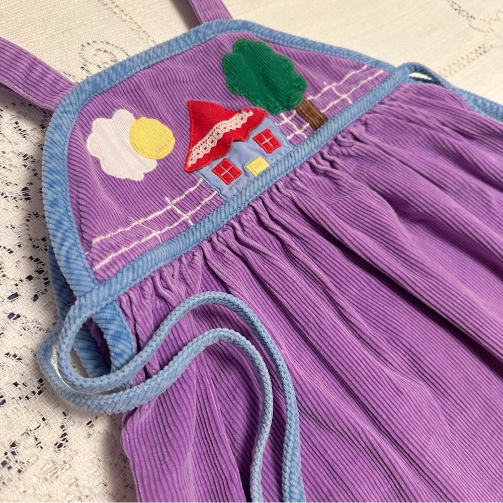 Vintage Embroidered House Patchwork Lavender Corduroy Pinafore Girls Top Size 6X